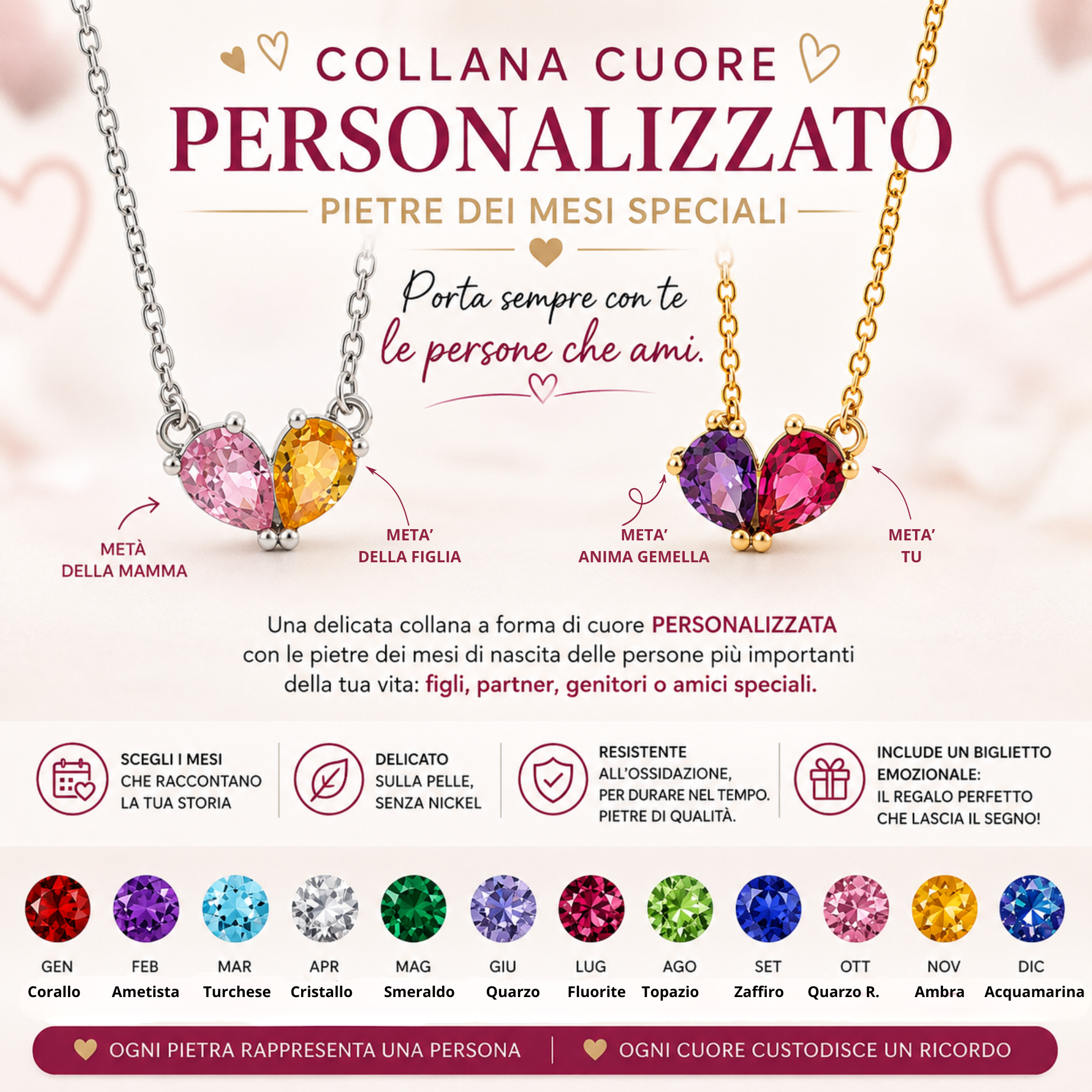 COLLANA CUORE PERSONALIZZATO – PIETRE DEI MESI SPECIALI